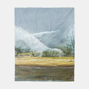Geysers in the Kamchatka valley. Oil painting on c Fleece Blanket