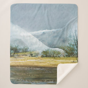 Geysers in the Kamchatka valley. Oil painting on c Sherpa Blanket
