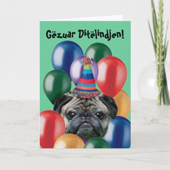 Gëzuar Ditëlindjen birthday pug greeting card (Front)