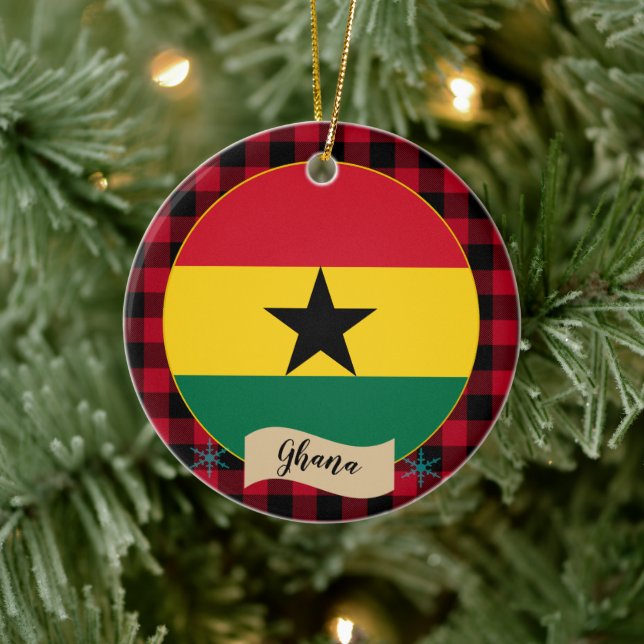 Ghana, Red buffalo plaid & Ghanaian Flag Ceramic Ornament (Tree)