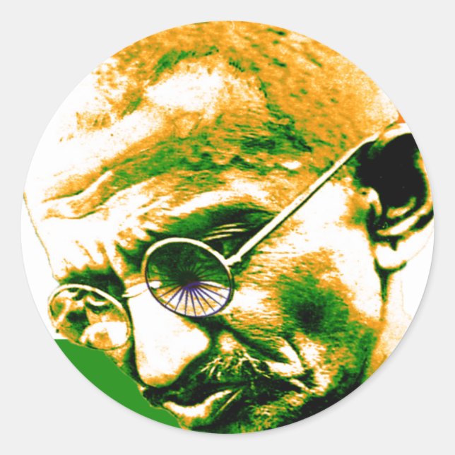 Ghandi in orange green and white with flag classic round sticker (Front)