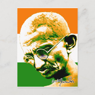 Ghandi in orange green and white with flag postcard