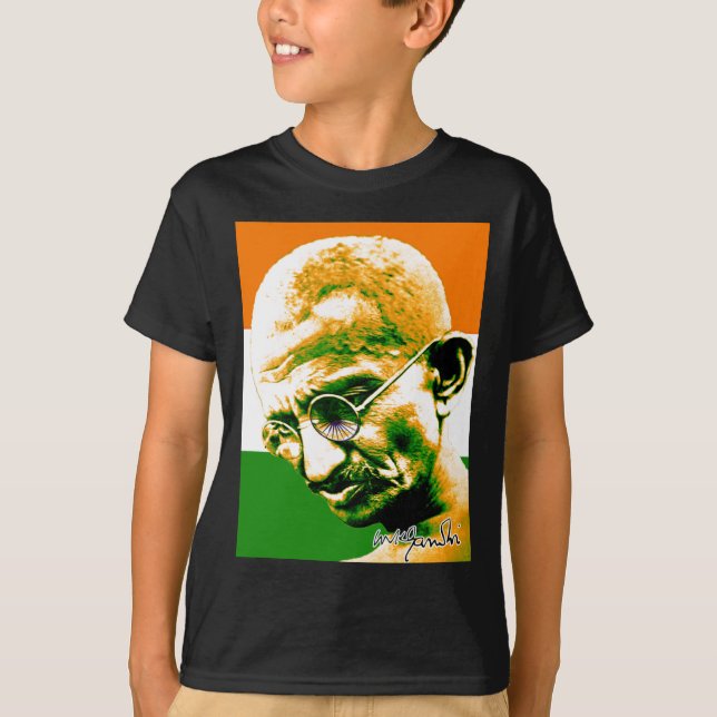 Ghandi in orange green and white with flag T-Shirt (Front)