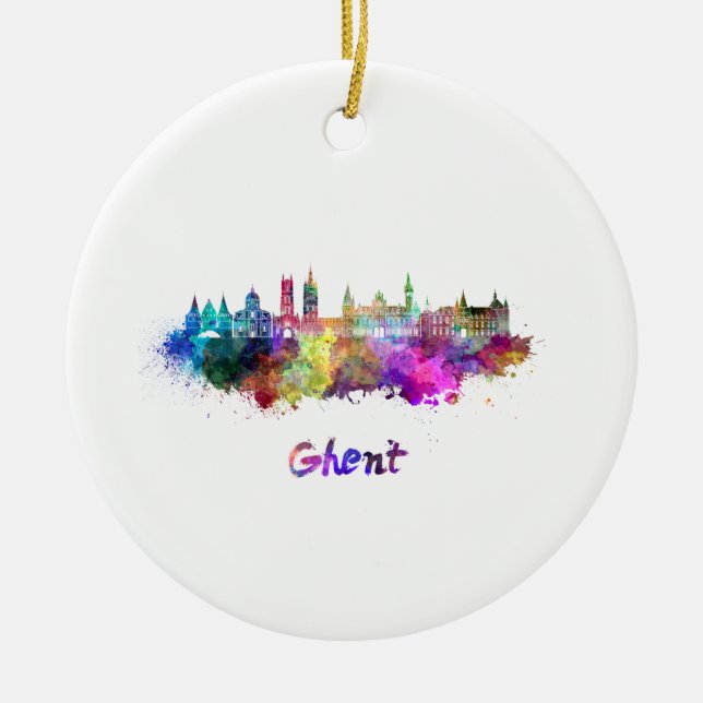Ghent skyline in watercolor ceramic ornament (Front)