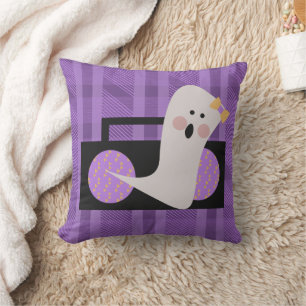 Ghost 80s 90s Purple Plaid Halloween Throw Pillow