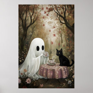Ghost and black cat are drinking tea in autumn poster