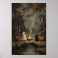 Ghost And Black Cat By Campfire With Marshmallows