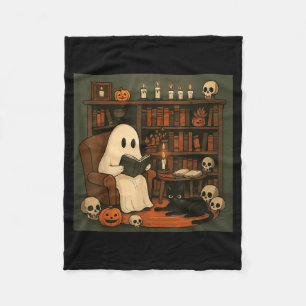Ghost And Black Cat Cozy Halloween Reading Scene Fleece Blanket