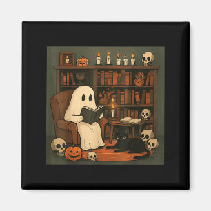 Ghost And Black Cat Cozy Halloween Reading Scene Magnet