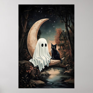 Ghost and black cat flying on a moon in moody poster