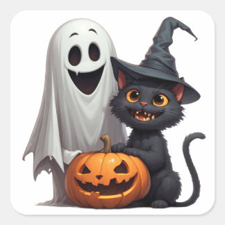 Ghost And Black Cat Halloween Party 👻 Square Sticker