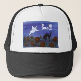 Ghost and Black Cat in the Pumpkin Patch Halloween Trucker Hat