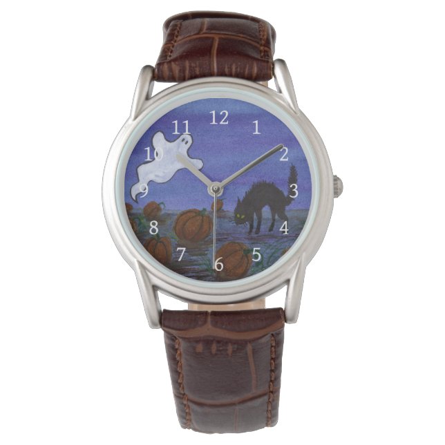 Ghost and Black Cat in the Pumpkin Patch Halloween Watch (Front)