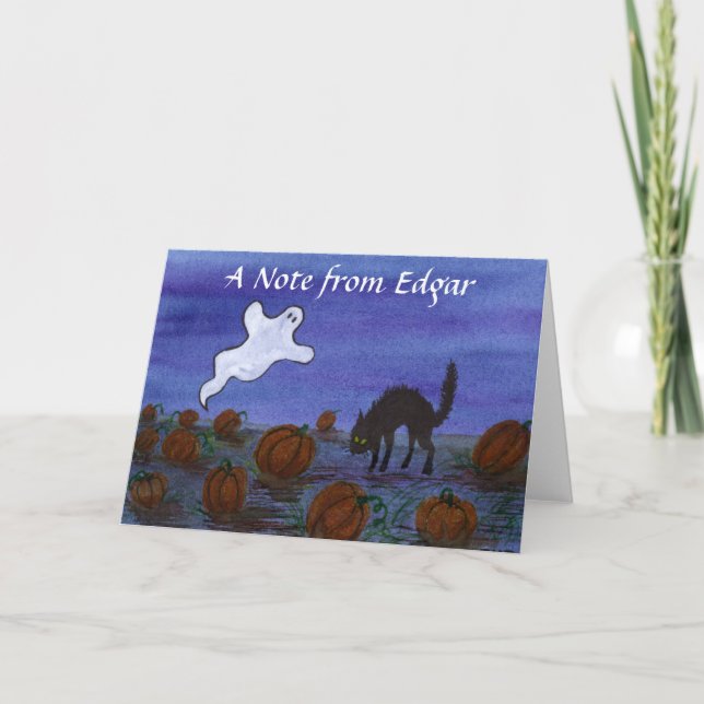 Ghost and Black Cat in the Pumpkin Patch Note Card (Front)