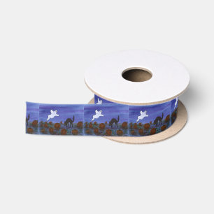 Ghost and Black Cat in the Pumpkin Patch Satin Ribbon