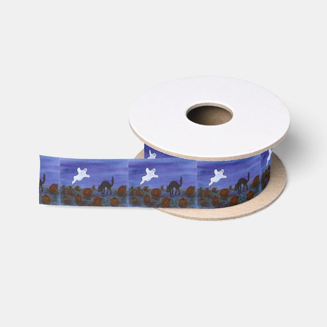 Ghost and Black Cat in the Pumpkin Patch Satin Ribbon (Spool)