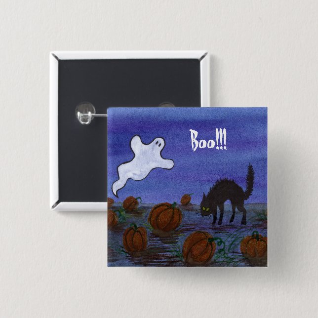 Ghost and Black Cat Pumpkin Patch 2 Inch Square Button (Front & Back)