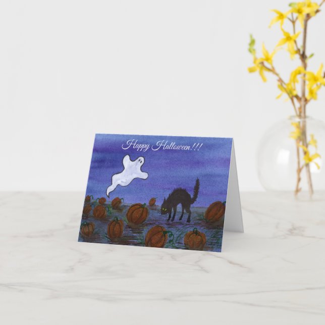 Ghost and Black Cat Pumpkin Patch Card (Yellow Flower)