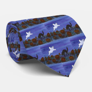 Ghost and Black Cat Pumpkin Patch Neck Tie