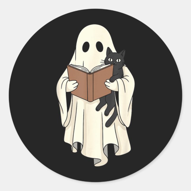 Ghost And Black Cat Reading Halloween Classic Round Sticker (Front)