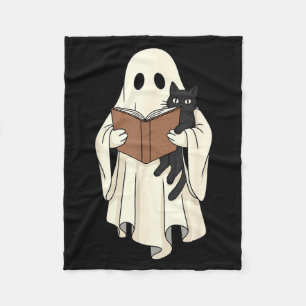 Ghost And Black Cat Reading Halloween Fleece Blanket