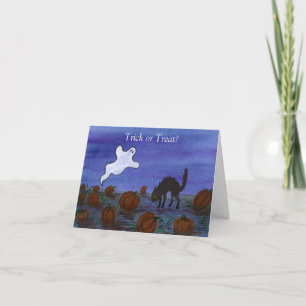 Ghost and Black Cat with Pumpkins Halloween Card