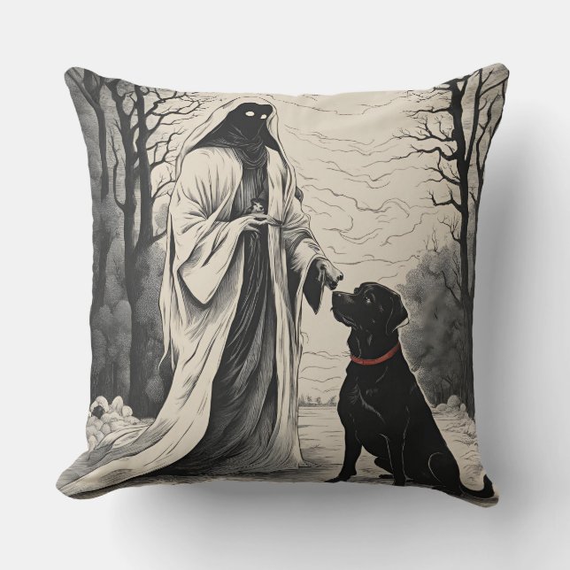 Ghost and black dog halloween 2024  throw pillow (Front)