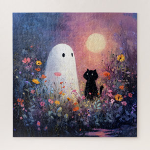 Ghost and Cat in Moonlit Garden Jigsaw Puzzle