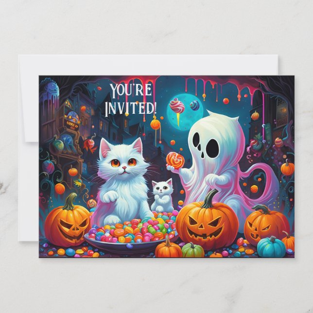 Ghost and Kittens Halloween Party Invitation (Front)