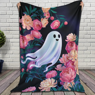 Ghost and Peonies Aesthetic – Cute Spooky Floral Fleece Blanket
