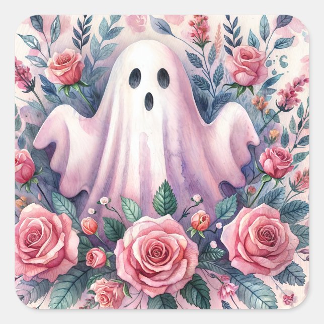 Ghost and Pink Roses Pinkoween Square Sticker (Front)