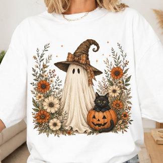 Ghost and Pumpkin Cat | Whimsical Halloween Ghost T-Shirt