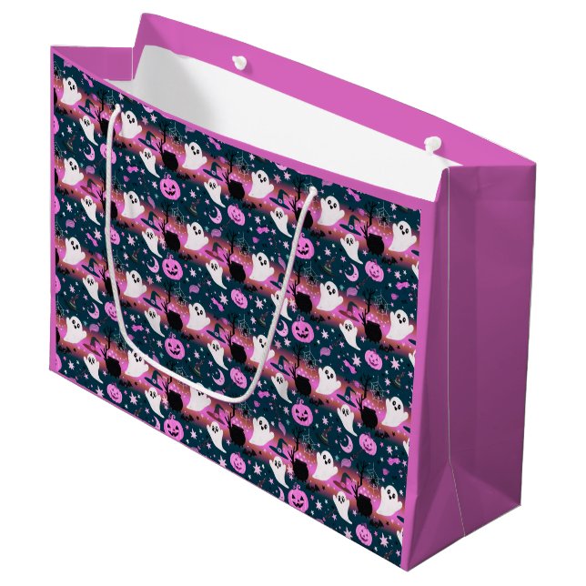 Ghost and Pumpkin Pink and Blue Pattern Large Gift Bag (Front Angled)