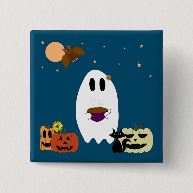 Ghost and Tea 2 Inch Square Button (Front)