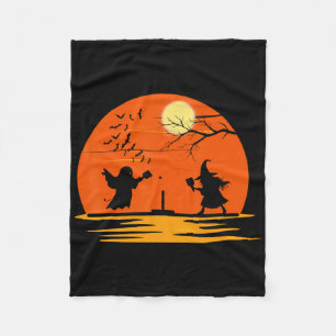 Ghost And Witch Playing Pickleball Halloween Costu Fleece Blanket
