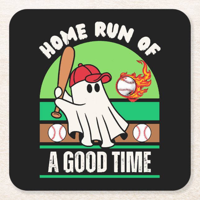 Ghost Baseball Player Halloween Square Paper Coaster (Front)
