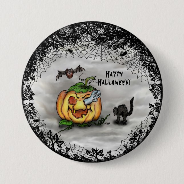 Ghost, Bat and Cat, Happy Halloween! 3 Inch Round Button (Front)