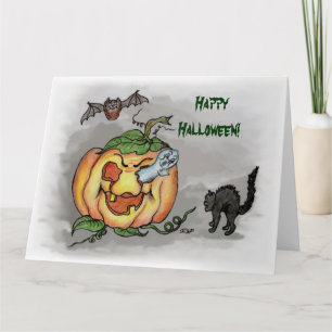 Ghost Bat and Cat Happy Halloween Card