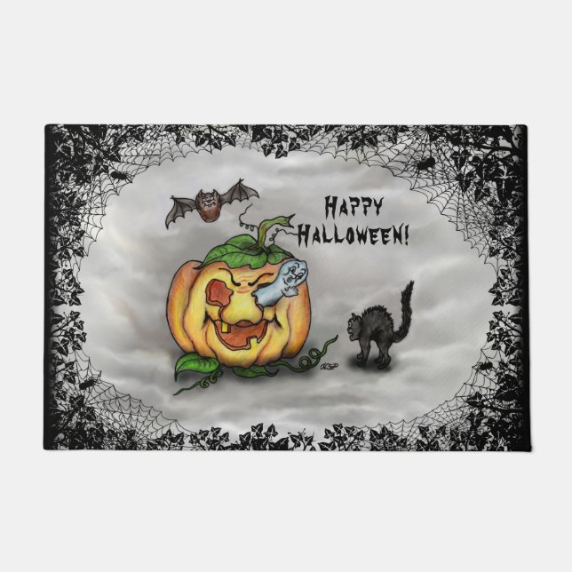 Ghost, Bat and Cat, Happy Halloween! Doormat (Front)
