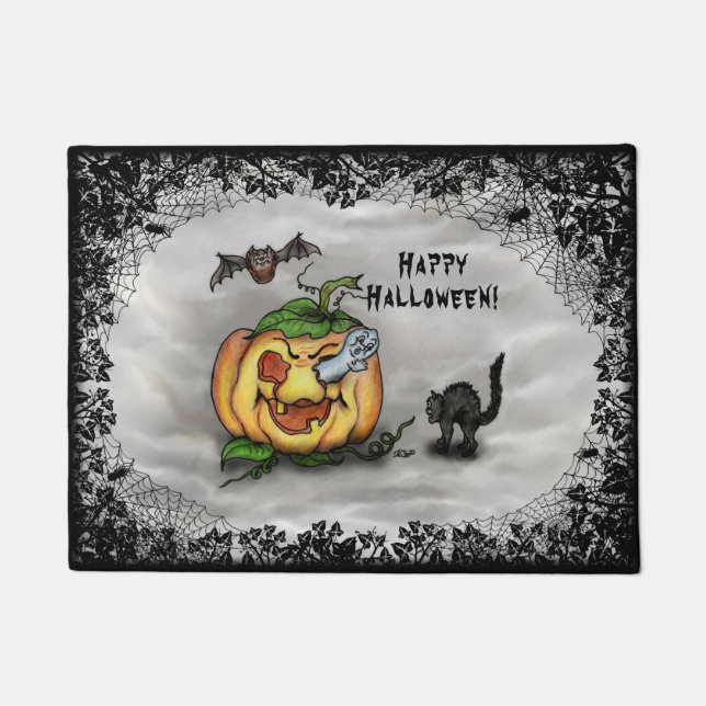 Ghost, Bat and Cat, Happy Halloween! Doormat (Front)
