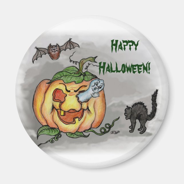 Ghost, Bat and Cat, Happy Halloween! Magnet (Front)