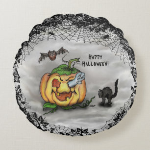 Ghost, Bat and Cat, Happy Halloween! Round Pillow