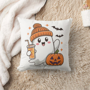 Ghost, Bats, Pumpkin And Drink, Cute Halloween Throw Pillow