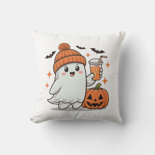 Ghost, Bats, Pumpkin And Drink, Cute Halloween Throw Pillow