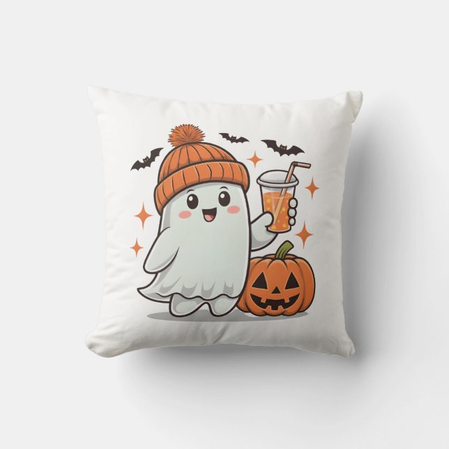 Ghost, Bats, Pumpkin And Drink, Cute Halloween Throw Pillow (Front)