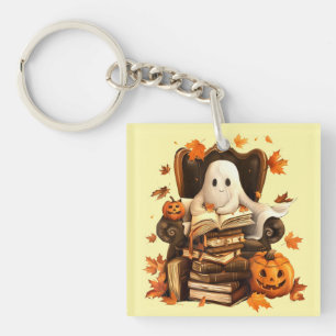 Ghost Book Reading Pumpkin Halloween Teachers Keychain
