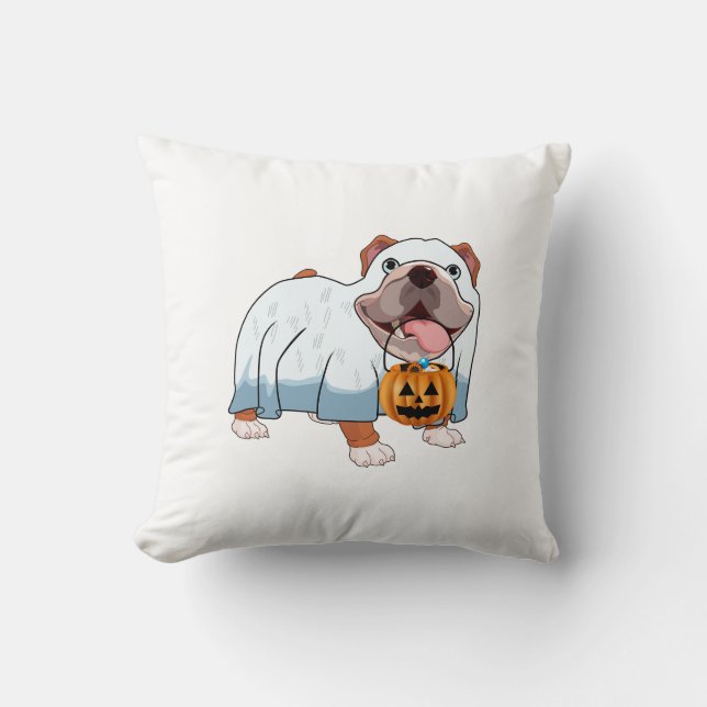 Ghost Bulldog Halloween Dog Throw Pillow (Front)