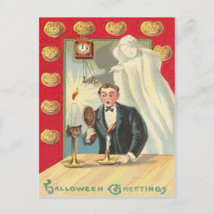 Ghost Candle Man Clock Jack O' Lantern Postcard