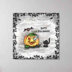 Ghost , Cat , Bat and Pumpkin , Happy Halloween! Canvas Print