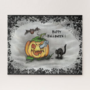 Ghost , Cat , Bat and Pumpkin , Happy Halloween! Jigsaw Puzzle